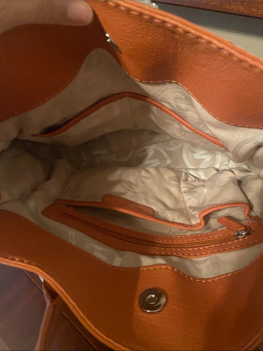 Michael Kors Orange Leather Tote with Silver Logo Charm and Chain Strap - Picture 3 of 4